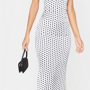 White Polka Dot Satin Strappy Back Midi Dress